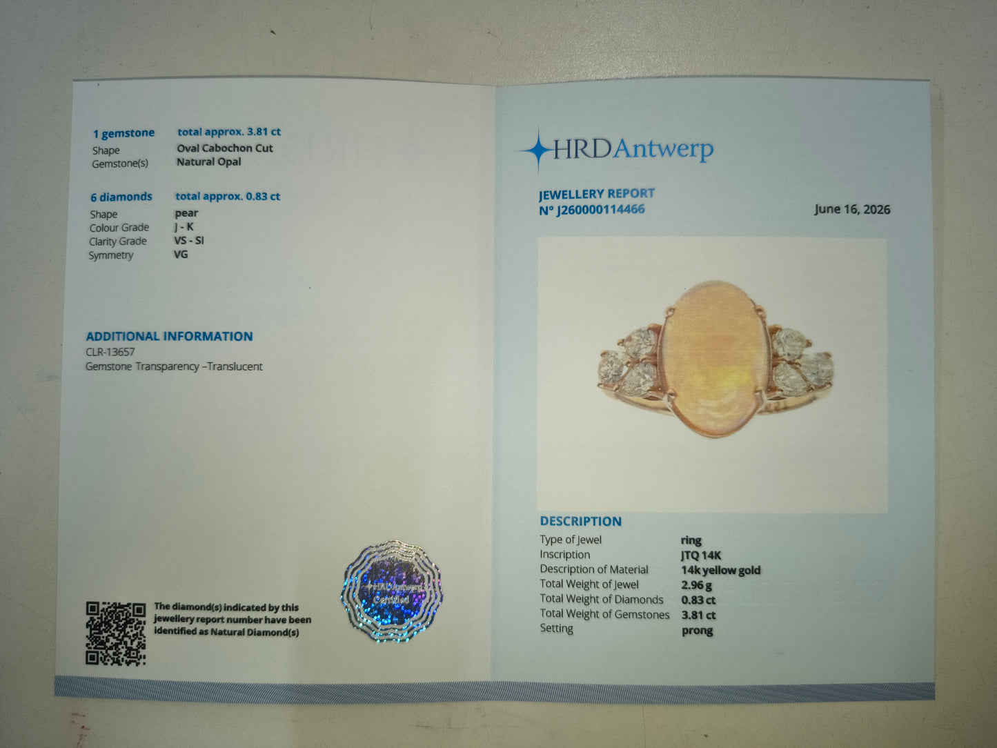 4.64 Ct Oval Cabochon Cut Natural Opal 14K Gold Ring