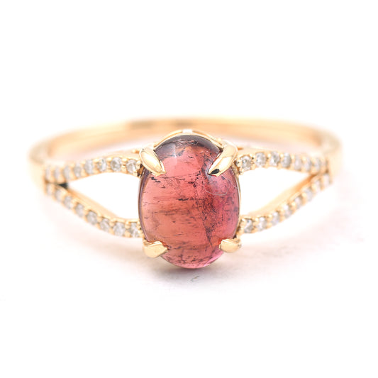 1.52 Ct Oval Cabochon Cut Natural Pink Tourmaline 14K Gold Ring