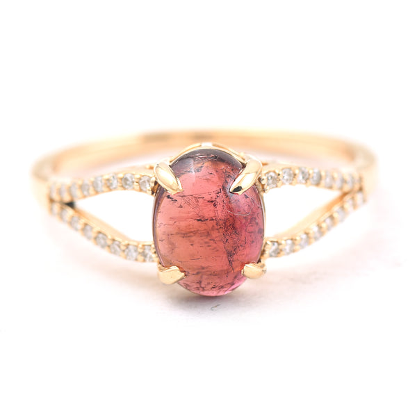 1.52 Ct Oval Cabochon Cut Natural Pink Tourmaline 14K Gold Ring