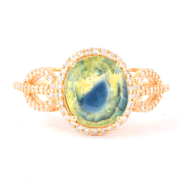 3.29 Ct Oval Mixed Cut Natural Bi Coloured Sapphire 14K Gold Ring
