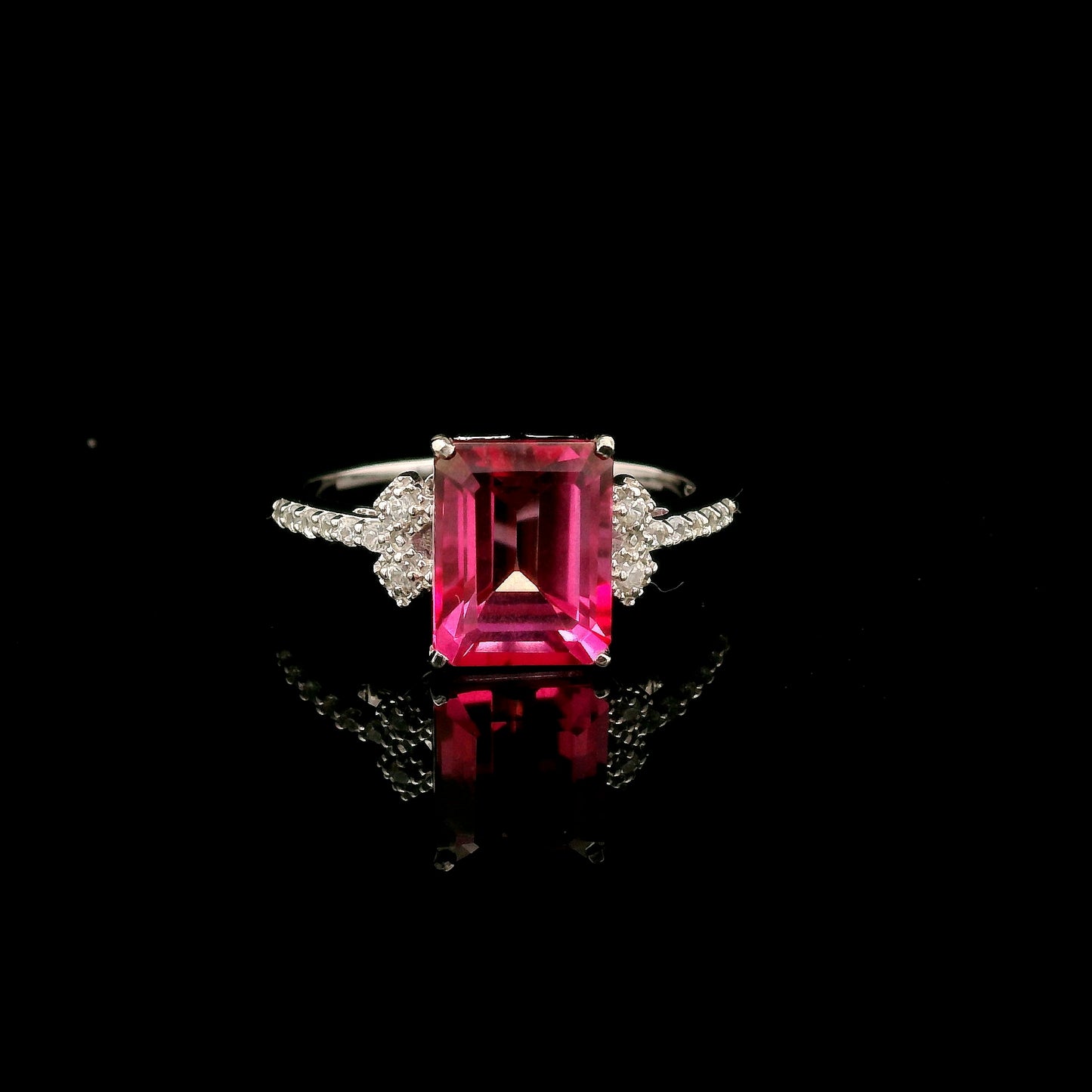 3.43 Ct Octagon Pink Topaz, White Zircon 925 Sterling Silver Ring
