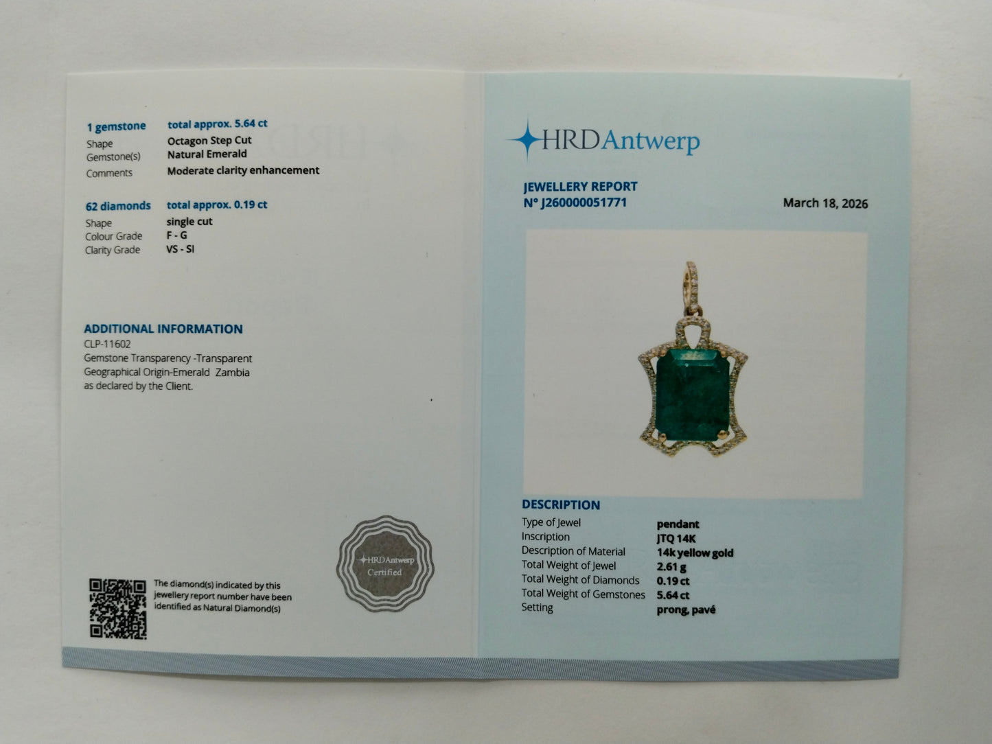 5.83 Ct Octagon Step Cut Natural Emerald 14K Gold Pendant