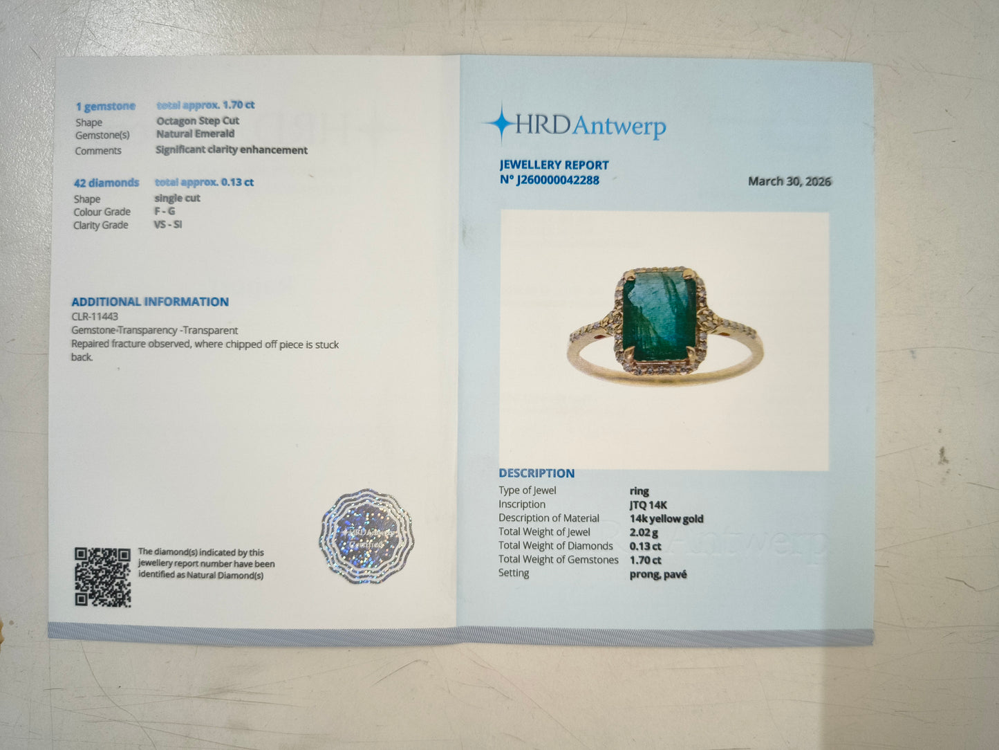 1.83 Ct Octagon Step Cut Natural Emerald 14K Gold Ring