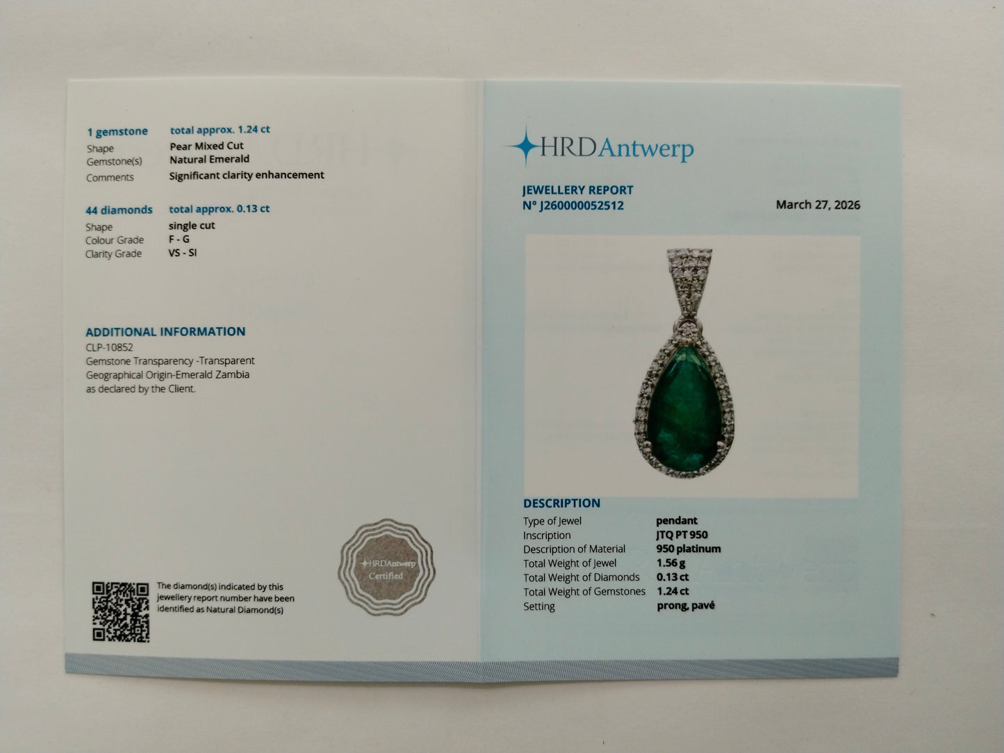 1.37 Ct Pear Mixed Cut Natural Emerald 950 Platinum Pendant