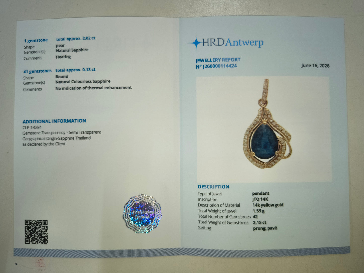 2.15 Ct Pear Natural Sapphire 14K Gold Pendant