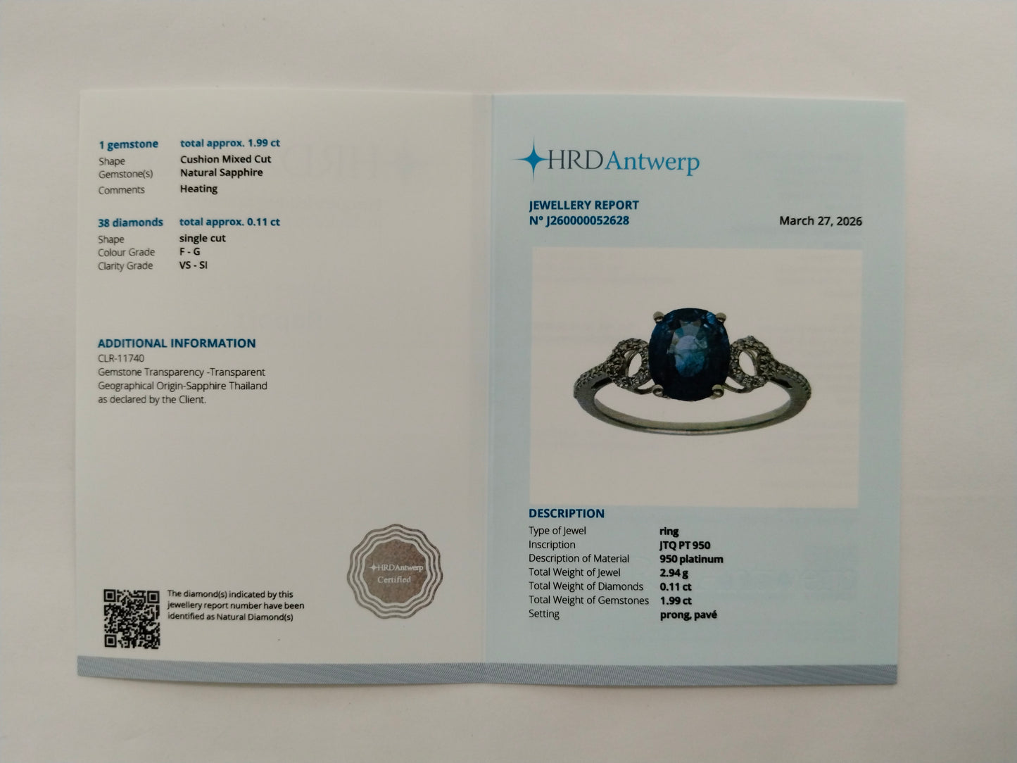 2.10 Ct Cushion Mixed Cut Natural Sapphire 950 Platinum Ring