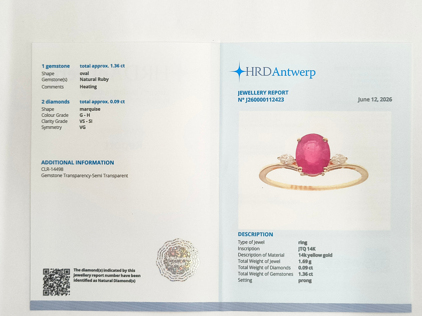 1.45 Ct Oval Natural Ruby 14K Gold Ring