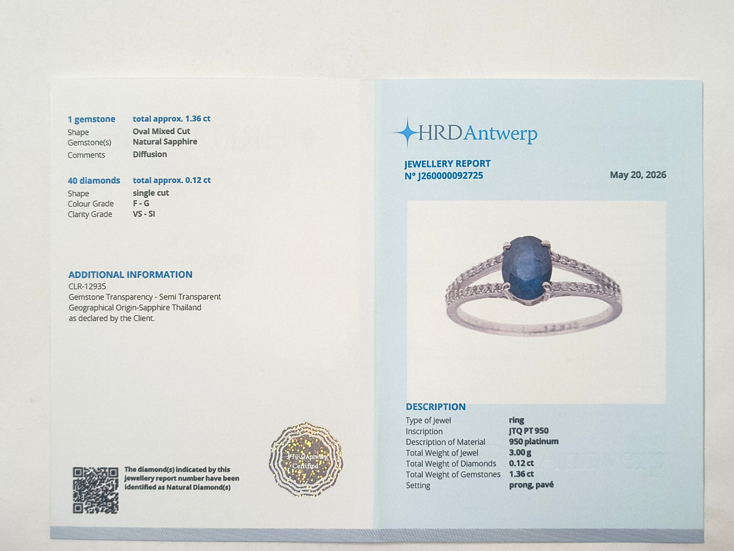 1.48 Ct Oval Sapphire 950 Platinum Ring