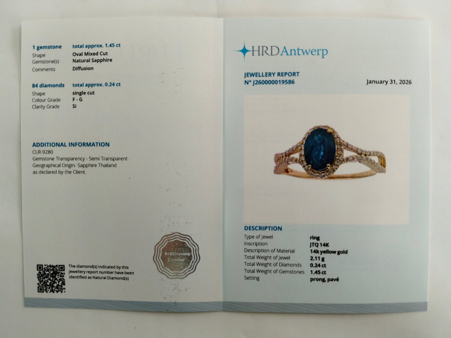 1.69 Ct Oval Mixed Cut Natural Sapphire 14K Gold Ring