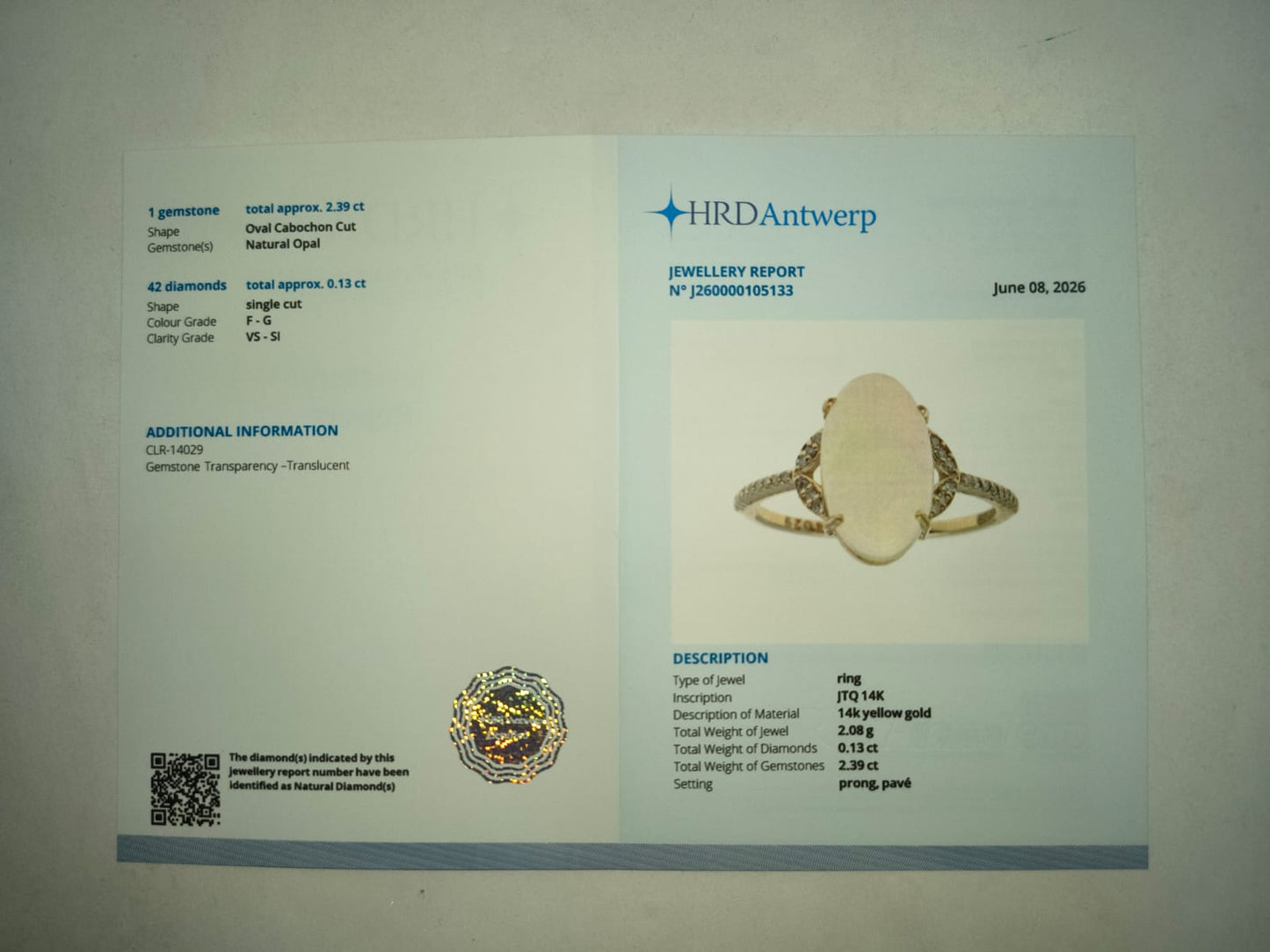 2.52 Ct Oval Cabochon Cut Natural Opal 14K Gold Ring