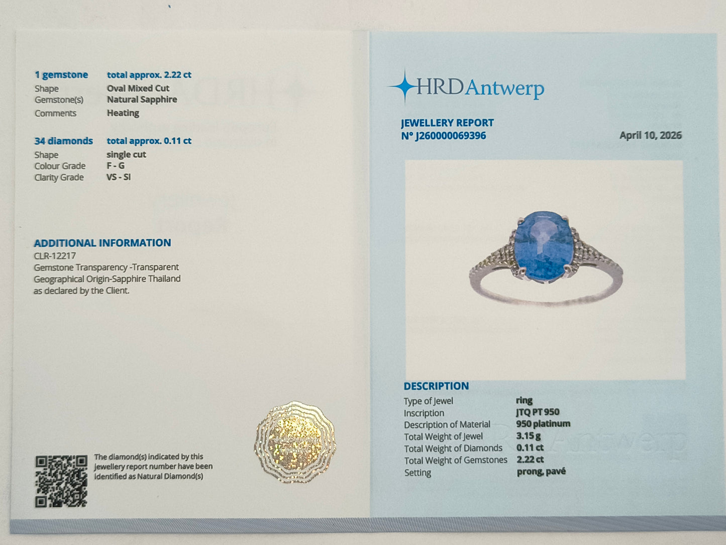 2.33 Ct Oval Mixed Cut Natural Sapphire 950 Platinum Ring