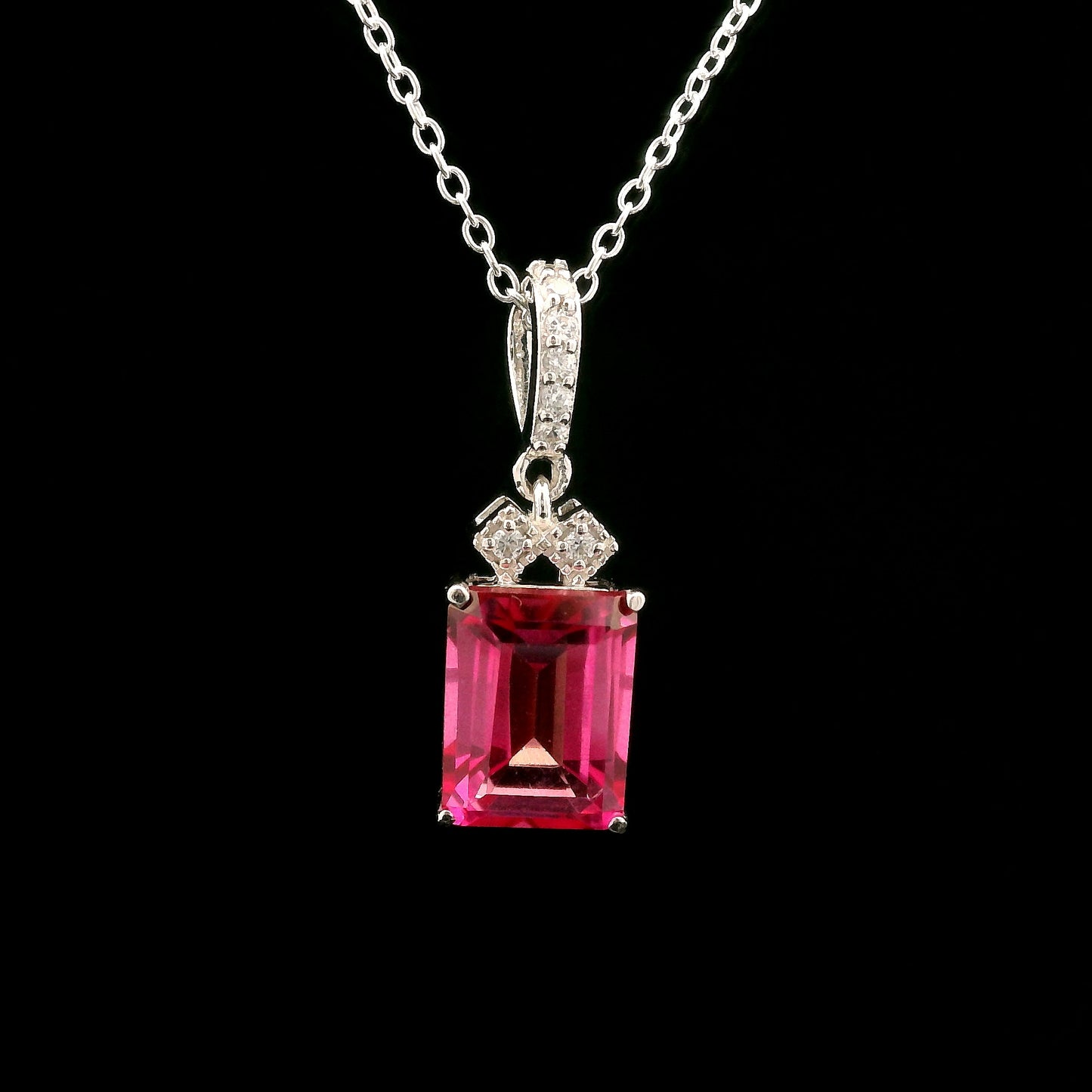 3.08 Ct Octagon Pink Topaz, White Zircon 925 Sterling Silver Pendant