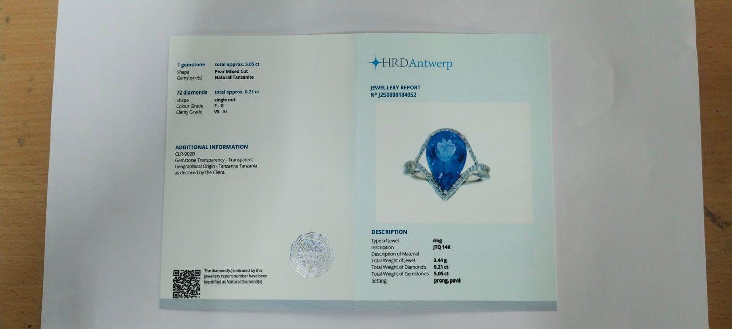 5.26 Ct Pear Mixed Cut Natural Tanzanite 14K Gold Ring