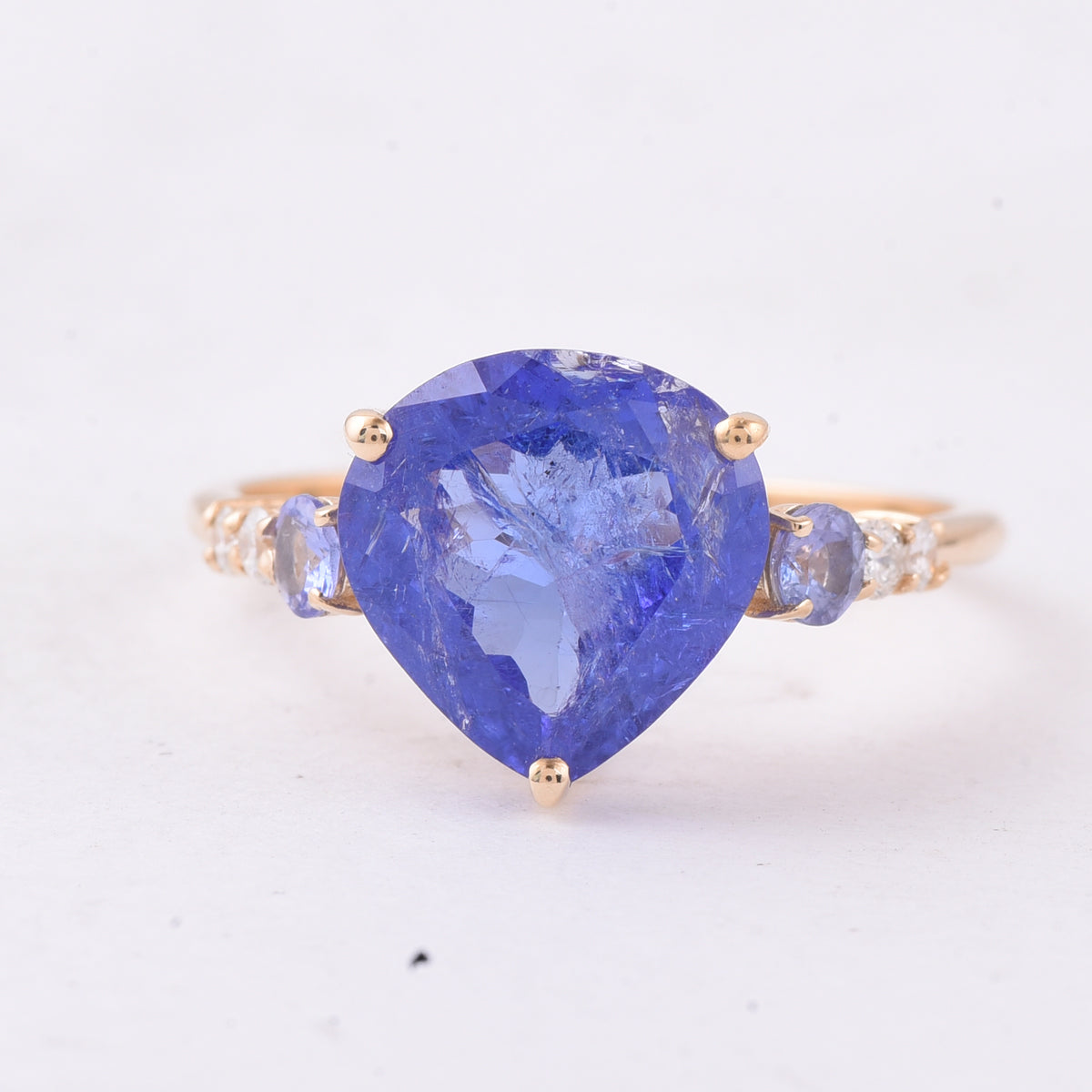 3.82 Ct Pear, Round Tanzanite 14K Gold Ring