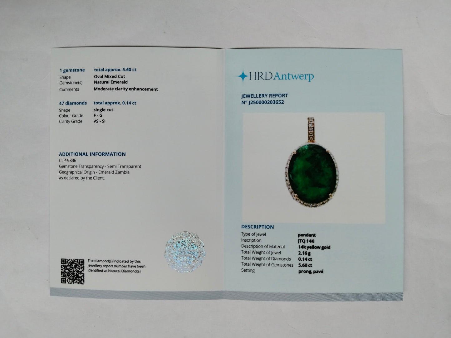5.74 Ct Oval Mixed Cut Natural Emerald 14K Gold Pendant