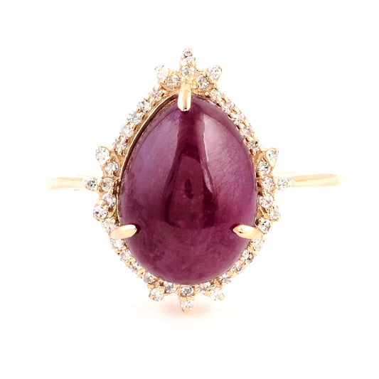 6.01 Ct Pear Cabochon Natural Corundum Ruby 14K Gold Ring