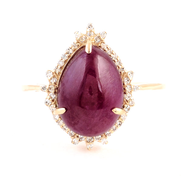 6.01 Ct Pear Cabochon Natural Corundum Ruby 14K Gold Ring