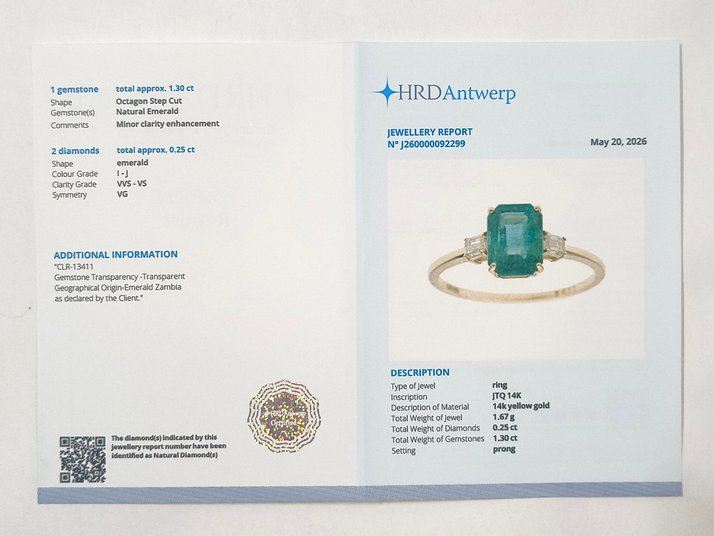 1.55 Ct Octagon Emerald 14K Gold Ring