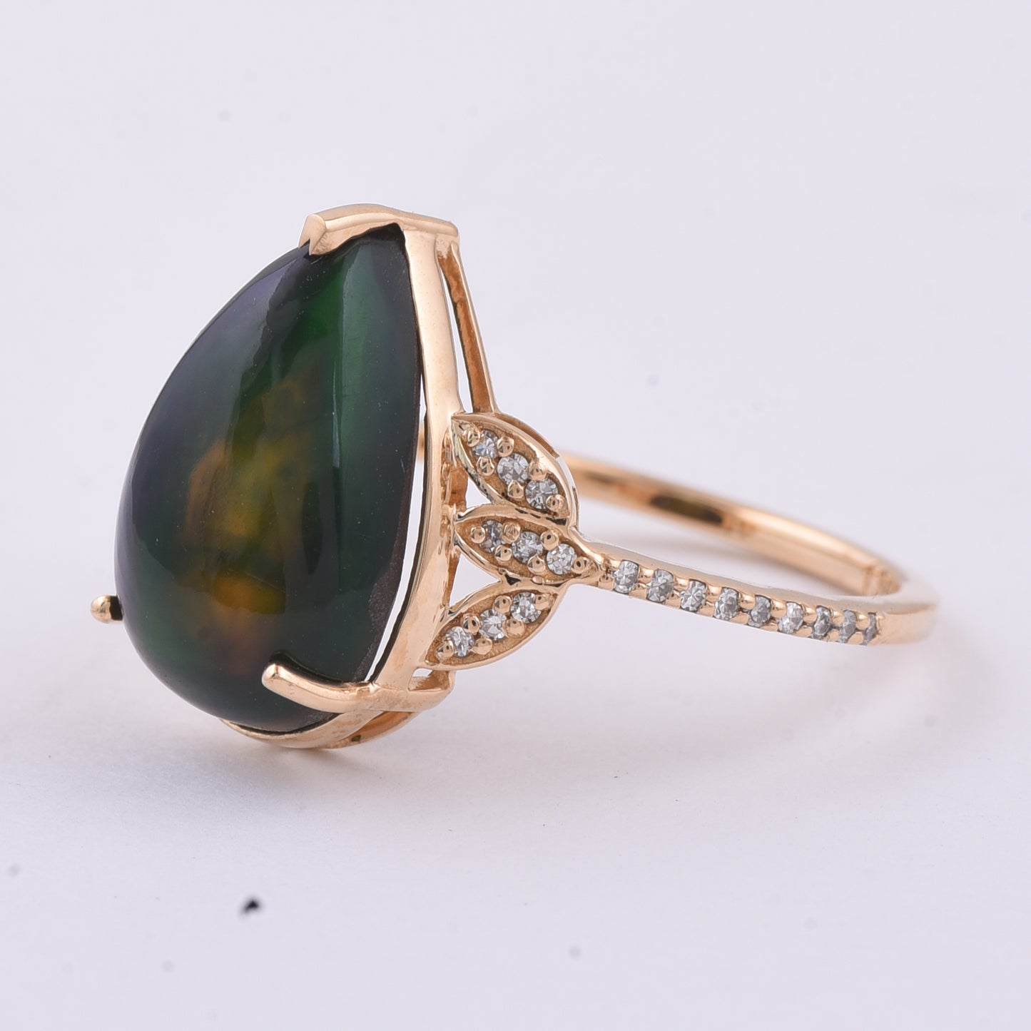 3.99 Ct Pear Cabochon Natural Black Opal 14K Gold Ring