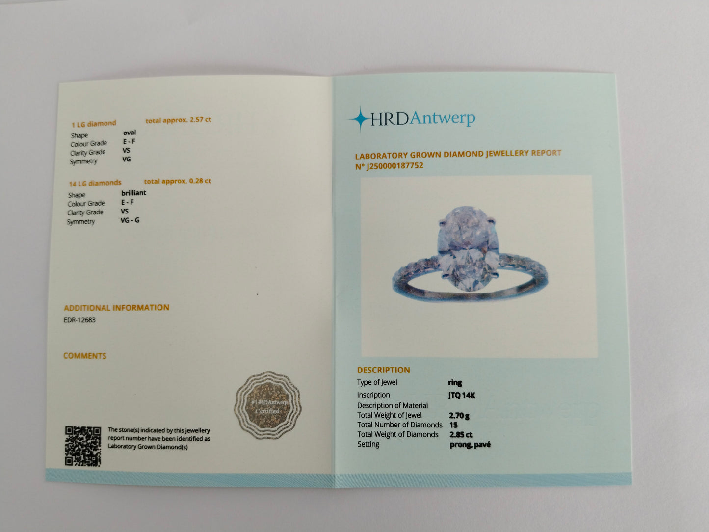 2.85 Carats Lab Grown Diamond 14K Gold Ring