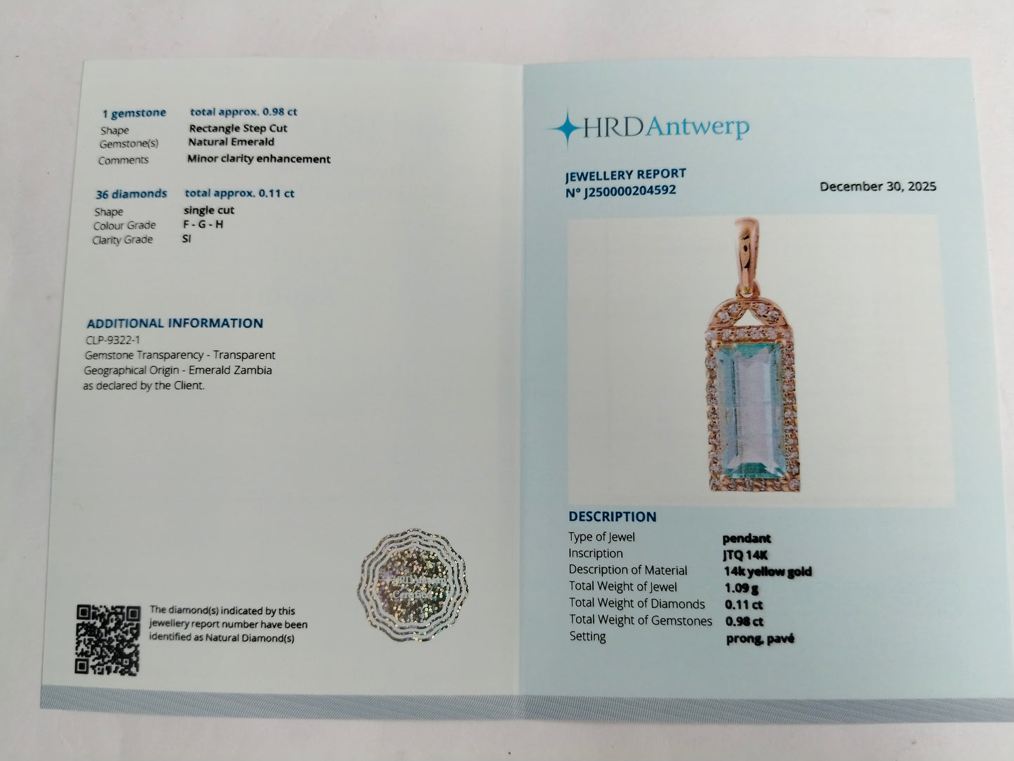 1.09 Ct Rectangle Step Cut Natural Emerald 14K Gold Pendant