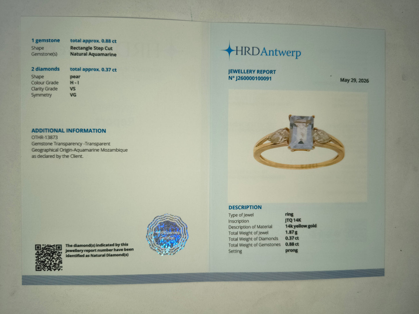 1.25 Ct Rectangle Step Cut Natural Aquamarine 14K Gold Ring