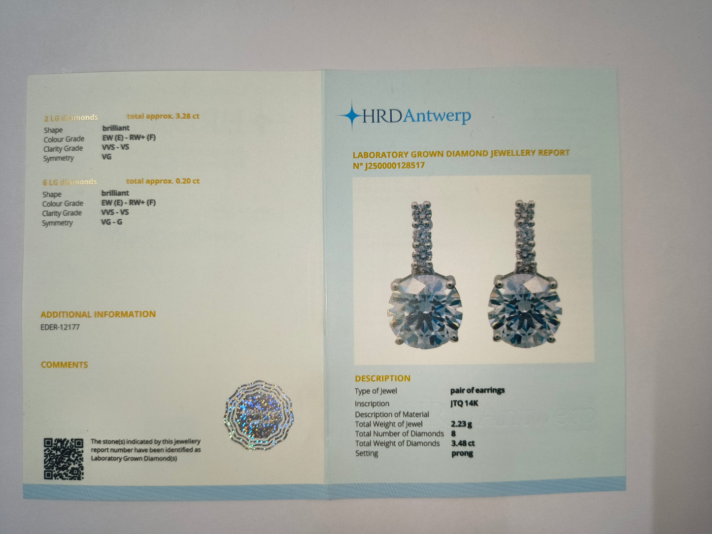 3.48 Carats Lab Grown Diamond 14K Gold Earrings