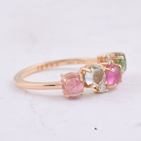 1.83 Ct Round Cabochon Cut Natural Multi Coloured Tourmaline 14K Gold Ring