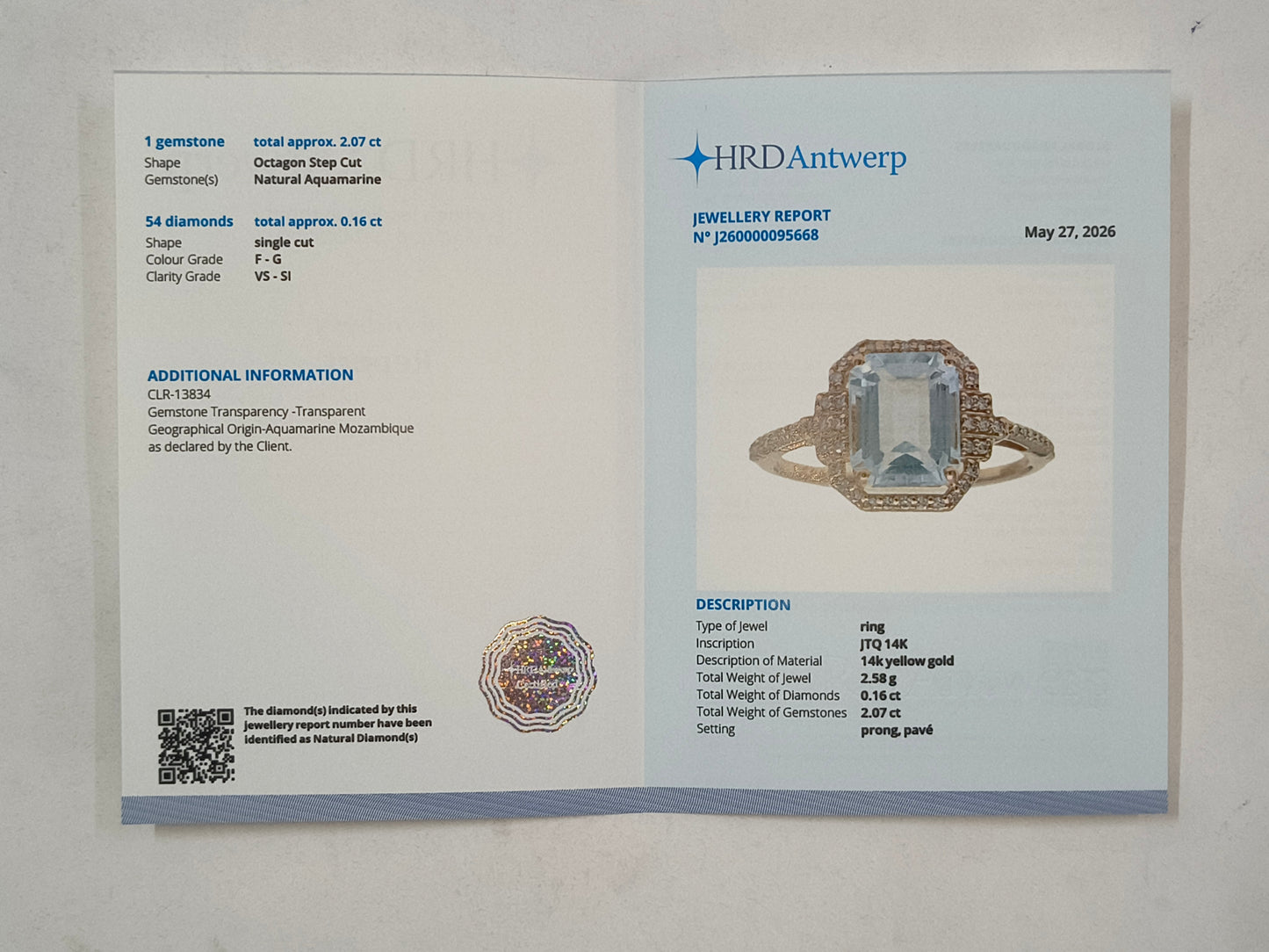 2.23 Ct Octagon Step Cut Natural Aquamarine 14K Gold Ring