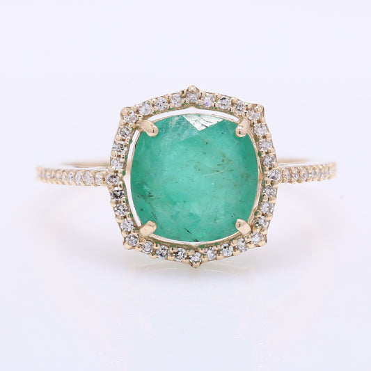 2.60 Ct Cushion Mixed Cut Natural Emerald 14K Gold Ring