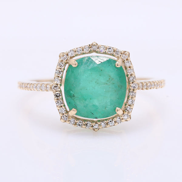 2.60 Ct Cushion Mixed Cut Natural Emerald 14K Gold Ring