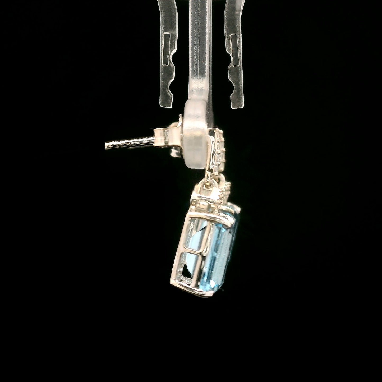 5.90 Ct Octagon Blue Topaz, White Zircon 925 Sterling Silver Earrings