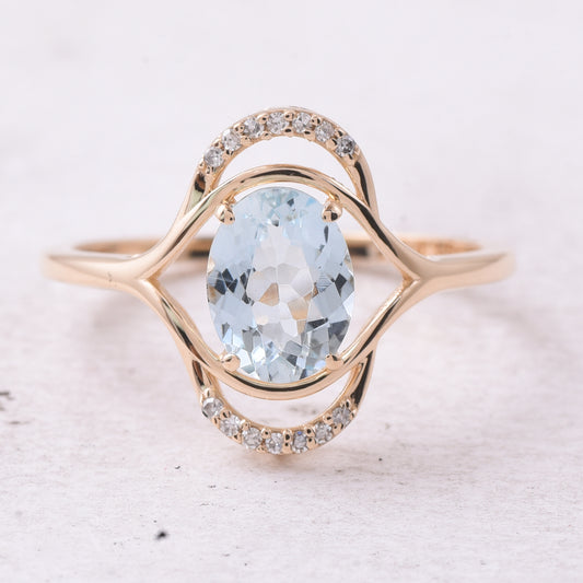 1.15 Ct Oval Mixed Cut Natural Aquamarine 14K Gold Ring