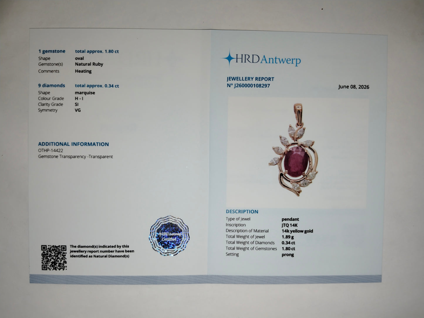 2.14 Ct Oval Mixed Cut Natural Ruby 14K Gold Pendant