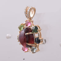 4.59 Ct Oval Cabochon Cut, Round Cabochon Cut Natural Multi-Coloured Tourmaline 14K Gold Pendant