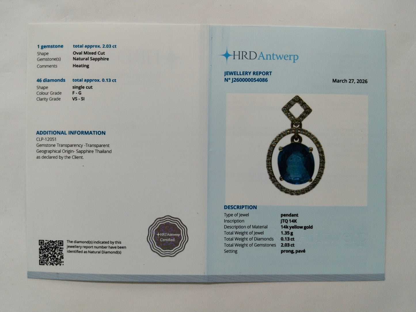 2.16 Ct Oval Mixed Cut Natural Sapphire 14K Gold Pendant