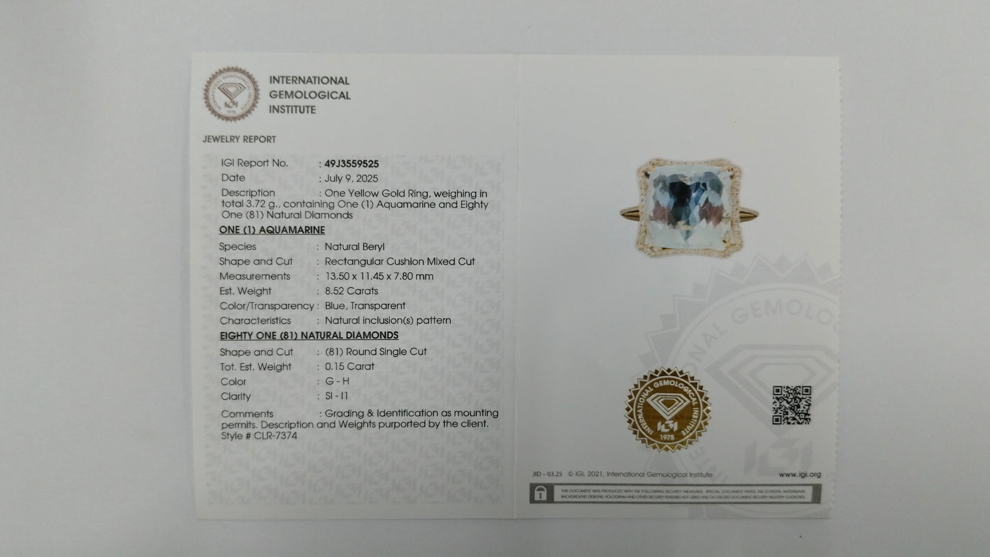8.67 Ct Rectangular Cushion Mixed Cut Natural Beryl Aquamarine 14K Gold Ring
