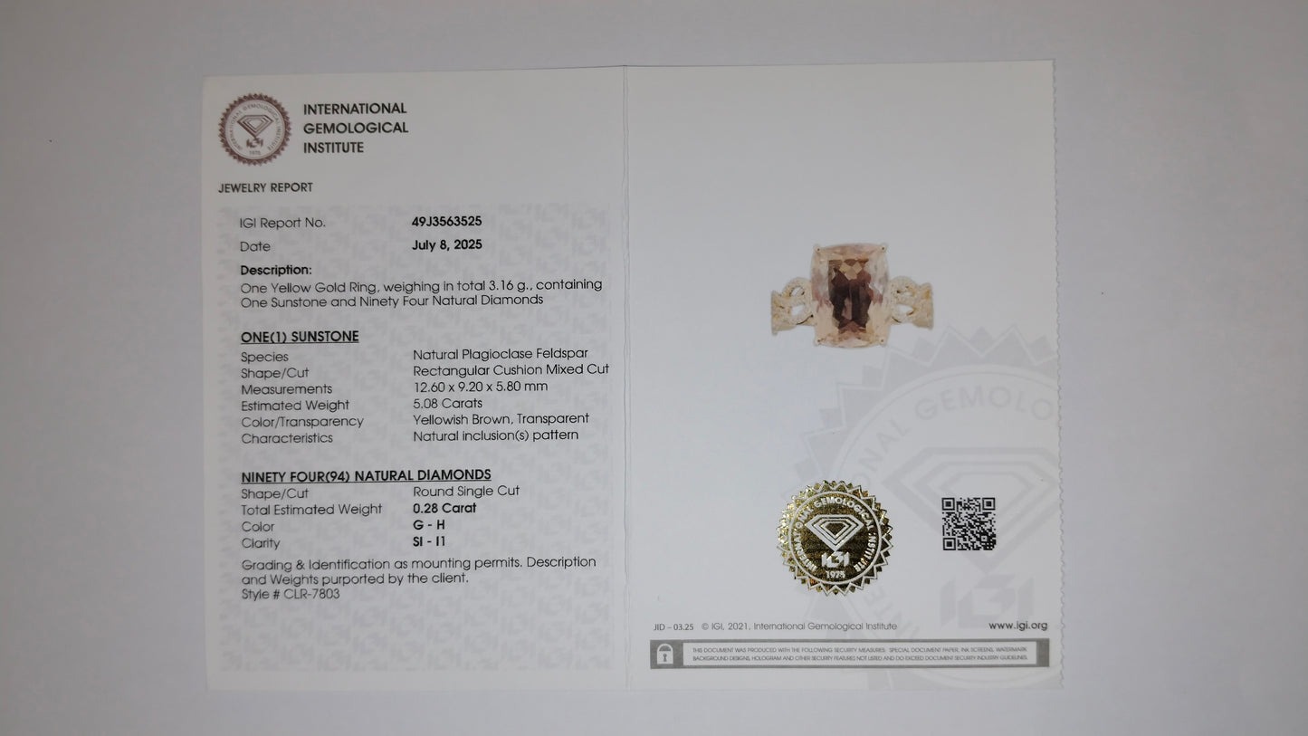 5.36 Ct Rectangular Cushion Mixed Cut Natural Plagioclase Feldspar Sunstone 14K Gold Ring