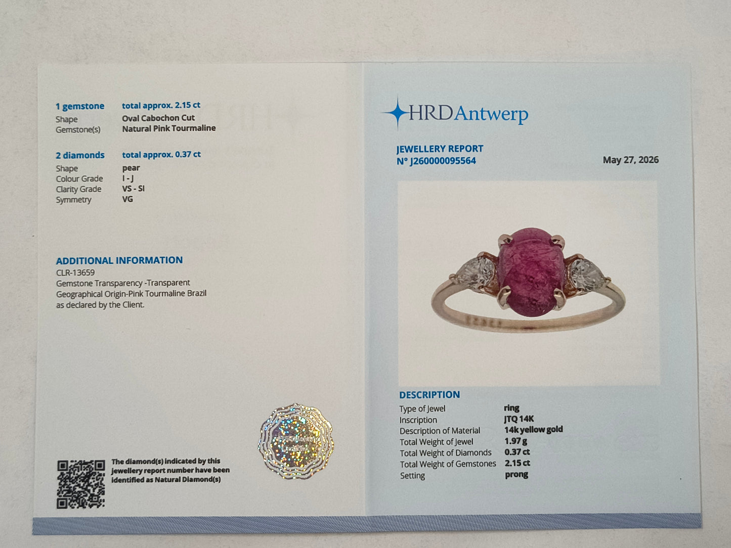 2.52 Ct Oval Cabochon Cut Natural Pink Tourmaline 14K Gold Ring