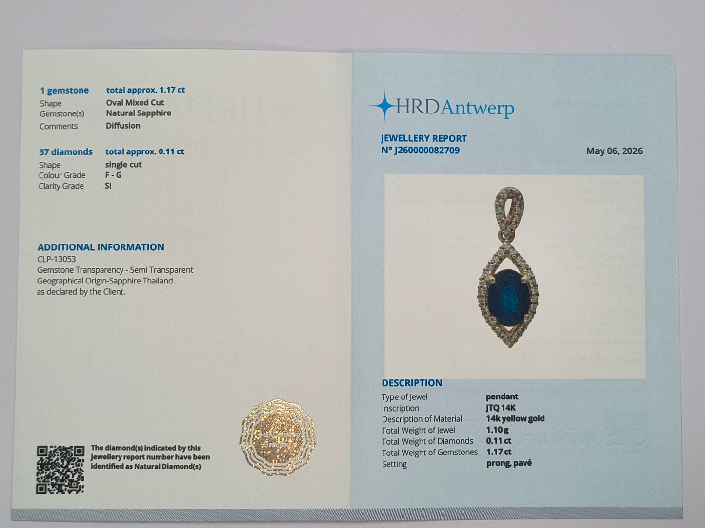 1.28 Ct Oval Mixed Cut Natural Sapphire 14K Gold Pendant