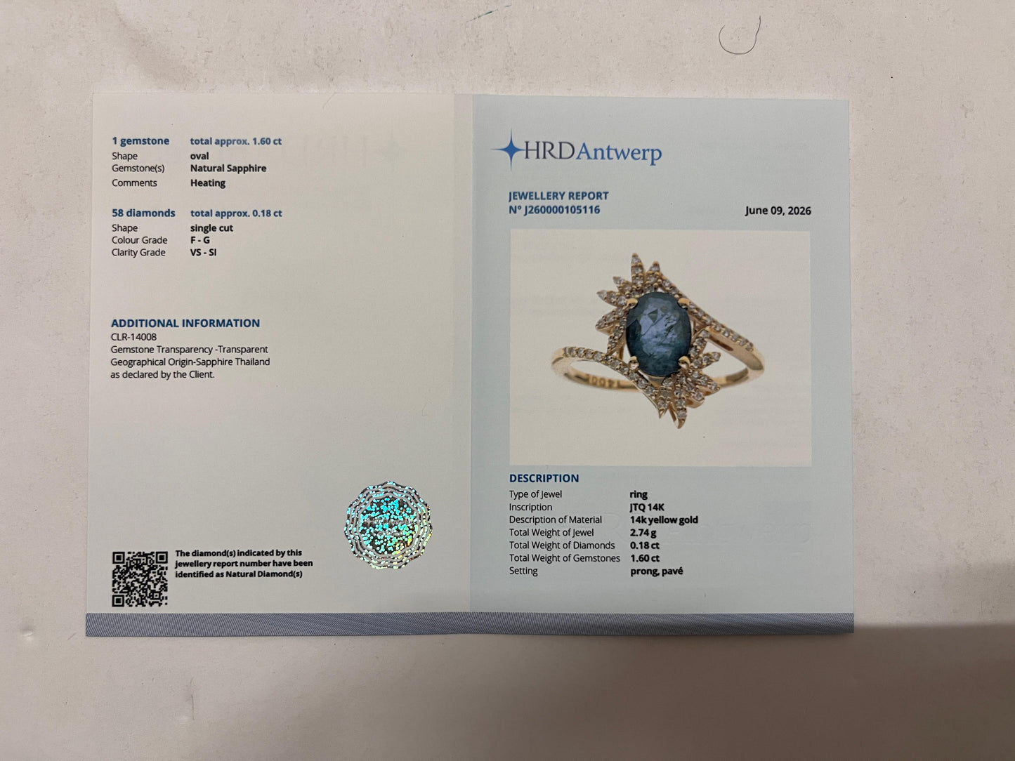 1.78 Ct Oval Mixed Cut Natural Sapphire 14K Gold Ring
