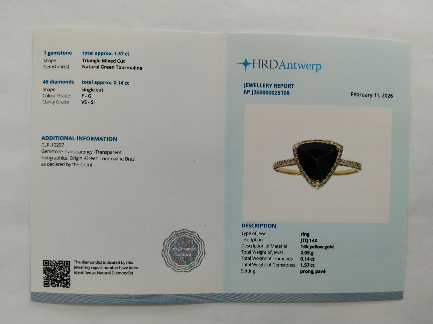 1.71 Ct Triangle Mixed Cut Natural Green Tourmaline 14K Gold Ring