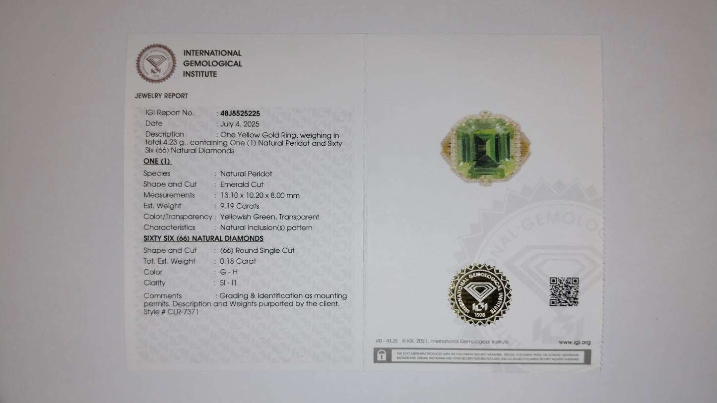 9.37 Ct Emerald Cut Natural Peridot 14K Gold Ring