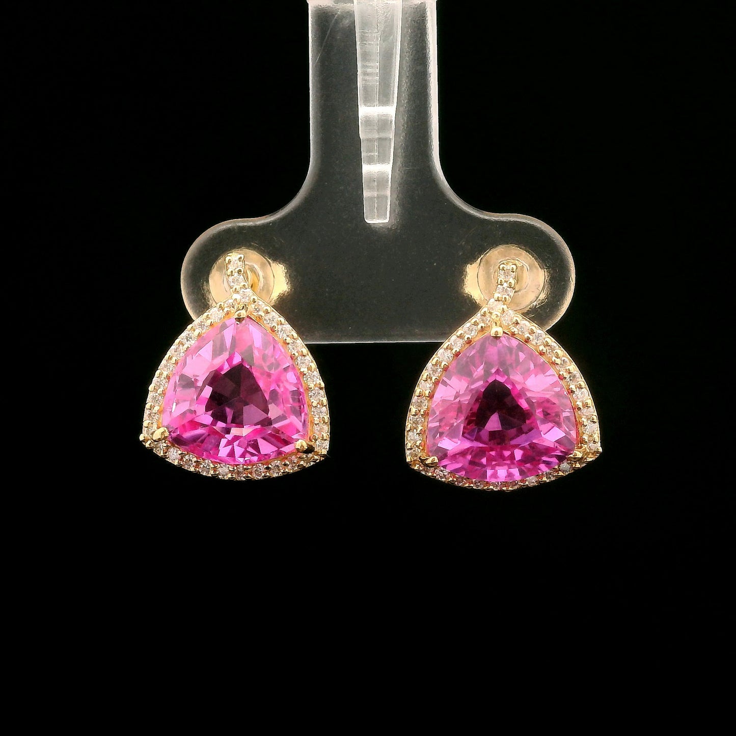 7.24 Ct Triangular Mixed Cut Lab Grown Pink Sapphire 14K Gold Earrings