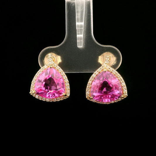 7.24 Ct Triangular Mixed Cut Lab Grown Pink Sapphire 14K Gold Earrings