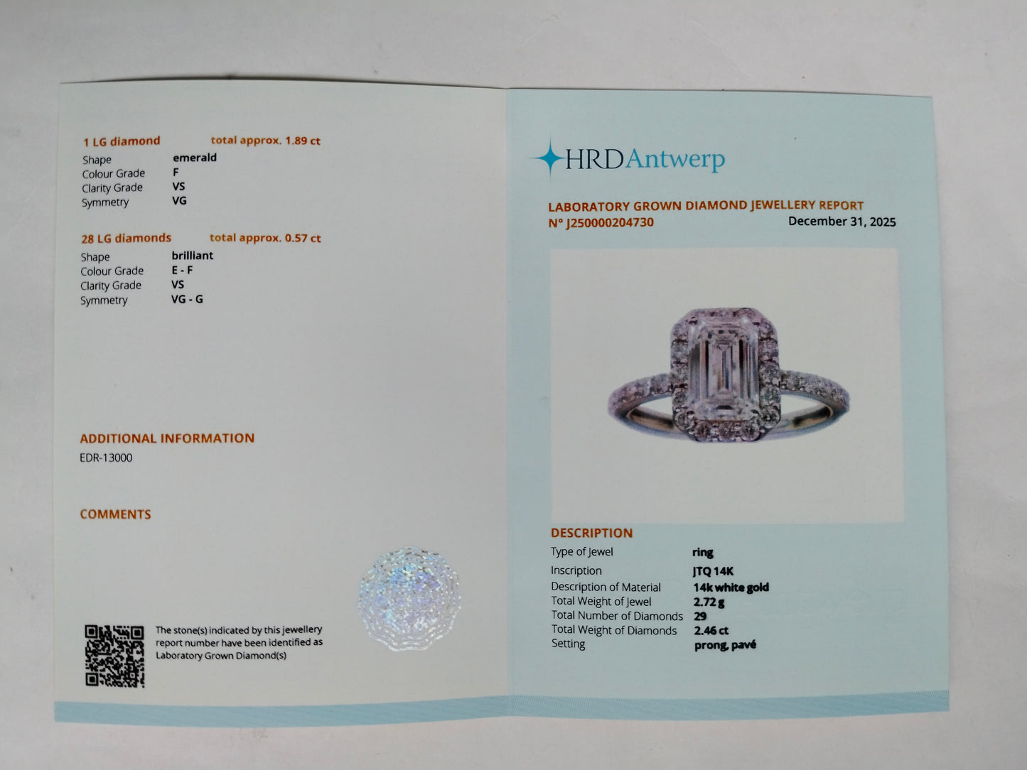2.46 Carats Lab Grown Diamond 14K Gold Ring