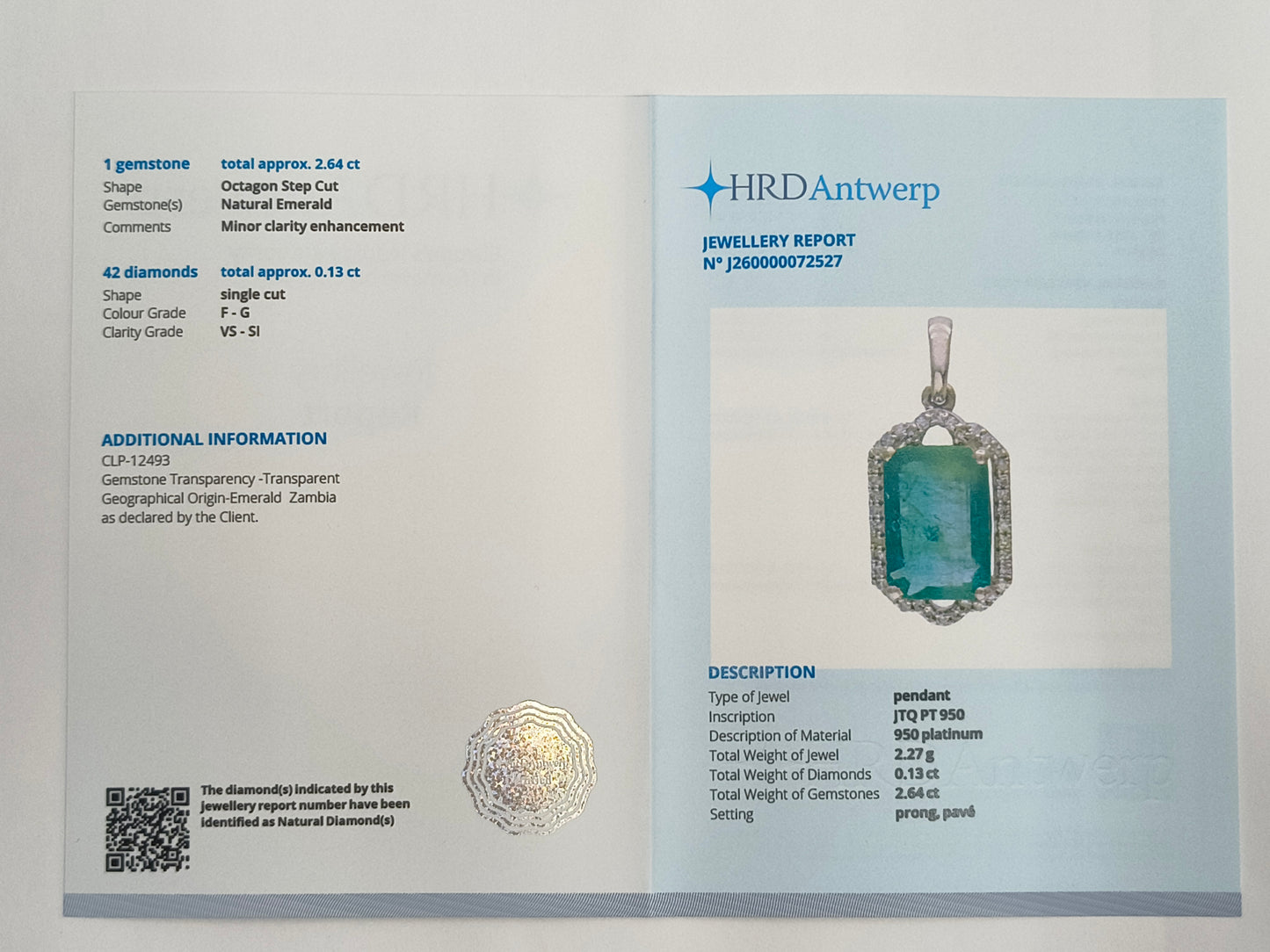 2.77 Ct Octagon Step Cut Natural Emerald 950 Platinum Pendant