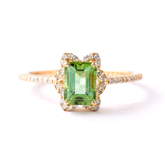 1.19 Ct Octagon Step Cut Natural Green Tourmaline 14K Gold Ring