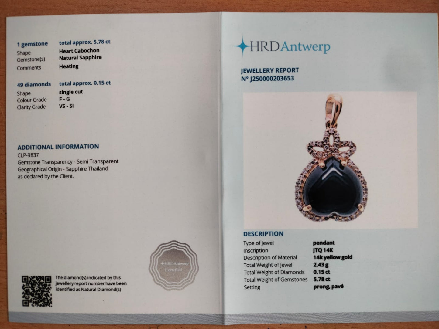 5.93 Ct Heart Cabochon Natural Sapphire 14K Gold Pendant