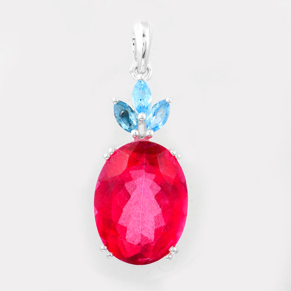 12.64 Ct Oval Pink Topaz, Swiss Blue Topaz, 925 Sterling Silver Pendant